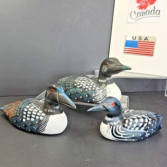 Wood Duck Carvings Handmade In Canada 3pc Loon Bird Watching Decoy? Decor - Picture 2 of 16